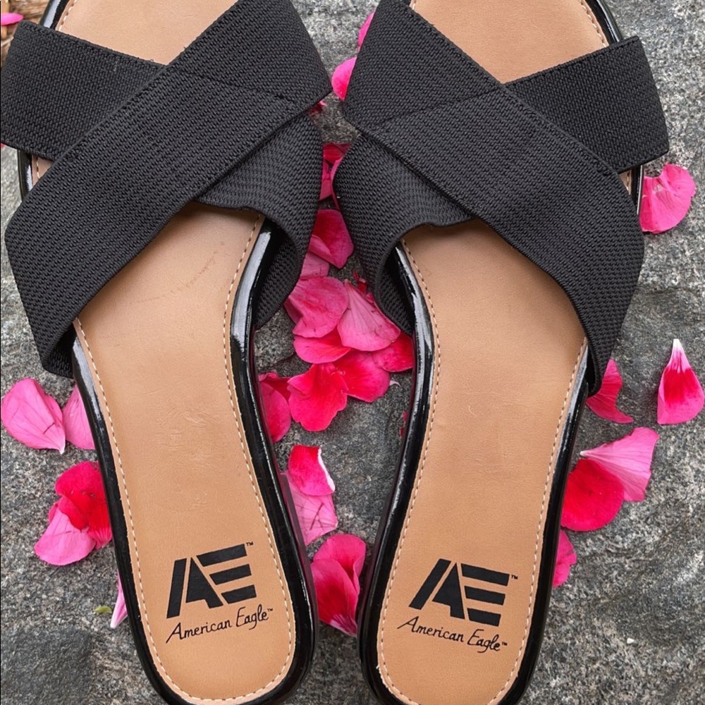 A black American Eagle (AE)slippers.